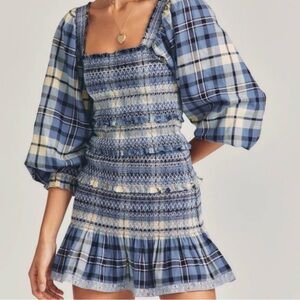 LoveShackFancy Blue and Pink Plaid Mini Stanley Dress Tartan